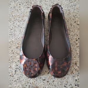 Tory Burch Minnie Travel Ballet Shoes Tortoise Printed Patent Leather Size 6.5 M